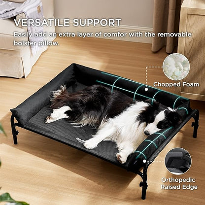Bedsure Elevated Raised Outdoor Dog Bed - Cooling Dog Cot Bed with Bolster for Large Dog, Lifted Pet Bed with Durable Breathable Teslin Mesh, Dog Hammock Bed with Non-Slip Feet, Black, 42 inches