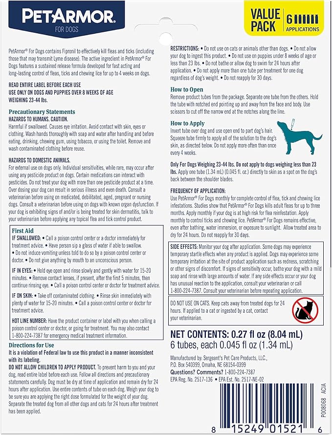 PetArmor for Dogs, Flea and Tick Treatment for Medium Dogs (23-44 Pounds), Includes 6 Month Supply of Topical Flea Treatments