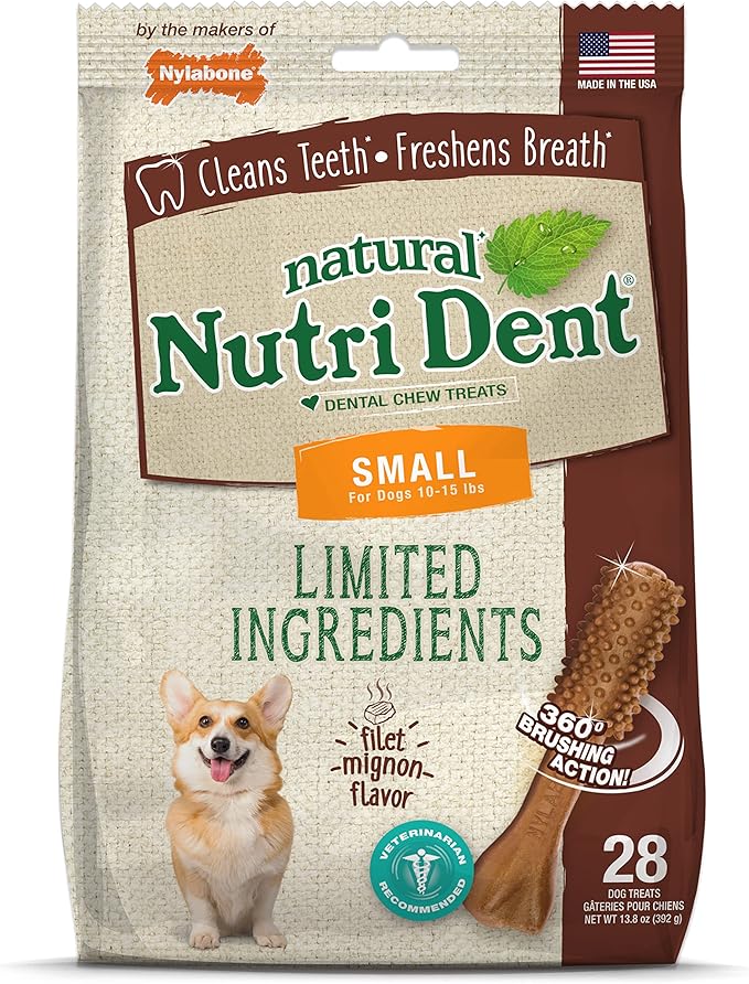 Nylabone Nutri Dent Dog Dental Chews - Natural Dog Teeth Cleaning & Breath Freshener - Dental Treats for Dogs - Filet Mignon Flavor, Small (28 Count)