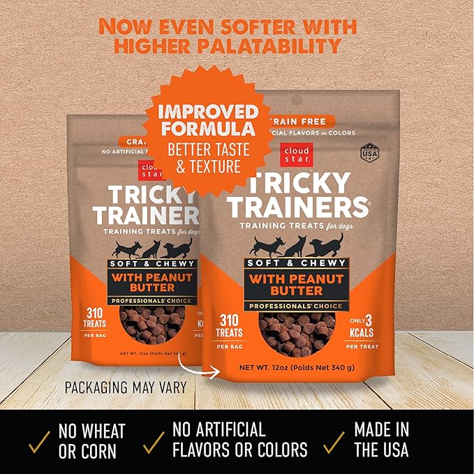 Cloud Star Tricky Trainers Chewy Grain Free Training Treats for Dogs, Made in the USA, Peanut Butter 12 oz.