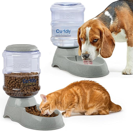 2 Pack Self Feeding Dog Food and Water Dispenser - 3.75L Automatic Pet Feeder for Small & Medium Dogs, Spill Proof Gravity Cat Feeder and Water Dispenser (Grey)