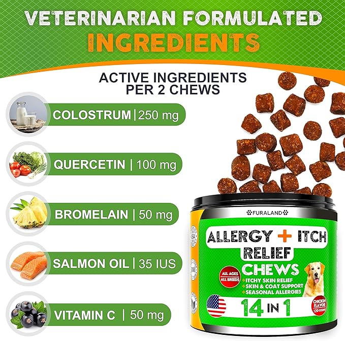 Dog Allergy Relief Chews - Dog Itch Relief - Omega 3 Fish Oil + Probiotics - Itchy Skin Relief - Seasonal Allergies - Anti Itch Support & Hot Spots - Immune Supplement for Dogs