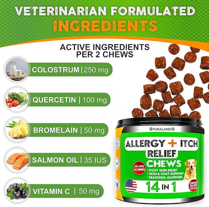 Dog Allergy Relief Chews - Dog Itch Relief - Omega 3 Fish Oil + Probiotics - Itchy Skin Relief - Seasonal Allergies - Anti Itch Support & Hot Spots - Immune Supplement for Dogs