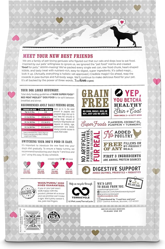 I and love and you Nude Super Food Dry Dog Food - Red Meat Medley - Prebiotic + Probiotic, Grain Free, Real Meat, No Fillers, 23lb Bag