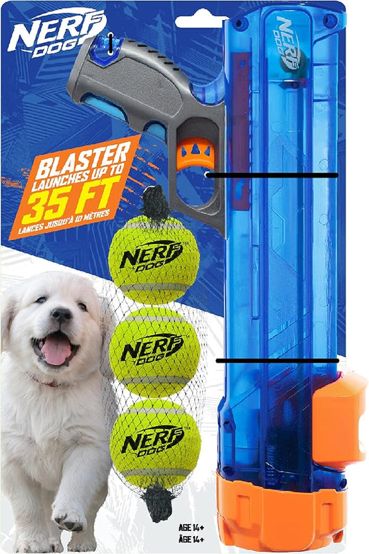 Nerf Dog Tennis Ball Blaster Dog Toy, 12 in Translucent Blaster with 3 Balls