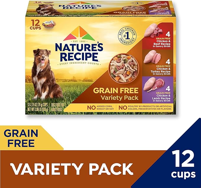 Nature’s Recipe Grain Free Wet Dog Food, Chicken, Beef, Turkey & Lamb Variety Pack, 2.75 Ounce Cup (Pack of 24)