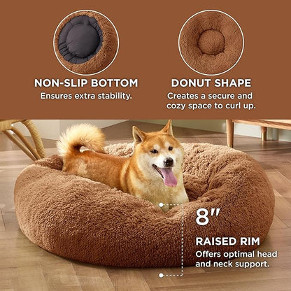 Bedsure Calming Dog Bed for Medium Dogs - Donut Washable Medium Pet Bed, 30 inches Anti-Slip Round Fluffy Plush Faux Fur Cat Bed, Fits up to 45 lbs Pets, Caramel