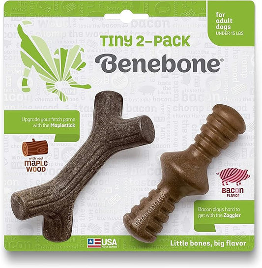 Benebone 2-Pack Maplestick/Zaggler Durable Dog Chew Toys, Real Bacon, Real Maplewood, Made in USA, Tiny, Extra Small, Brown