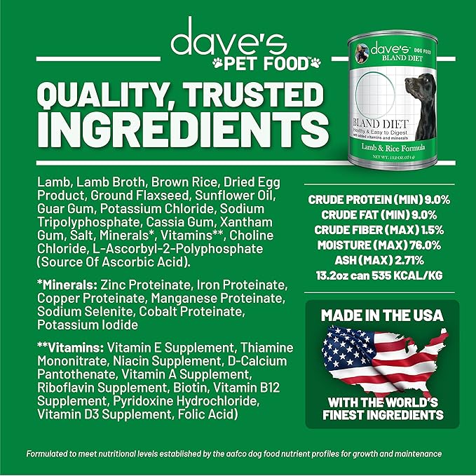 Dave's Pet Food Bland Diet Dog Food (Lamb & Rice), Restricted Canned Wet Dog Food for Sensitive Stomachs, Lamb Dog Food, Dave's Dog Food, 13.2 oz
