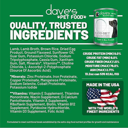 Dave's Pet Food Bland Diet Dog Food (Lamb & Rice), Restricted Canned Wet Dog Food for Sensitive Stomachs, Lamb Dog Food, Dave's Dog Food, 13.2 oz