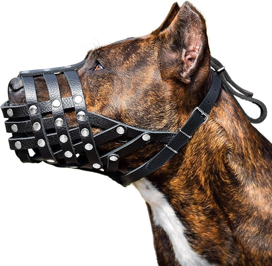 Soft Leather Dog Muzzle for Pitbulls – Dog Muzzle for Large Dogs Pitbull – Large Breathable Pitbull Muzzle Anti Bite – Adjustable Basket Muzzle for Pitbull, Amstaff, Labrador etc. (L Size)