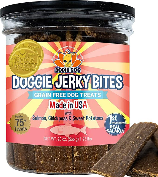 Premium Healthy Dog Jerky Treats | Grain Free Salmon Dog Treat Bites | Natural Snack Made with Salmon, Chickpeas & Sweet Potatoes | No Corn, Wheat or Soy