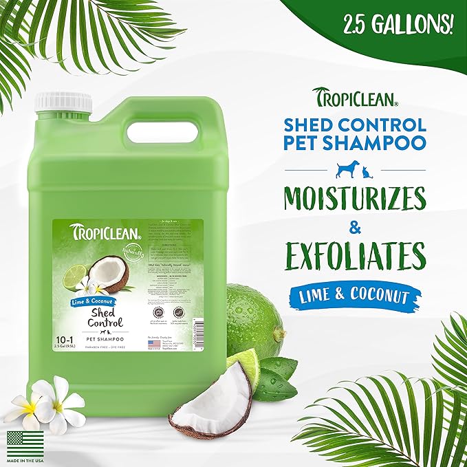 TropiClean Lime & Coconut Deshedding Dog Shampoo for Shedding Control | Natural Pet Shampoo Derived from Natural Ingredients | Cat Friendly | Made in the USA | 2.5 gal.