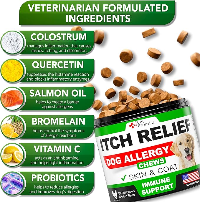Vet Promise Dog Allergy Chews - Itch Relief for Dogs - Dog Allergy Relief - Anti Itch for Dogs - Dog Itchy Skin - Dog Allergy Support - Hot Spots - Immune Health Supplement - Made in USA - 120 Treats