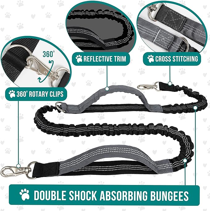 PetAmi Hands Free Dog Leash, Dog Running Leash Belt Bag for Walking, Jogging, Dog Waist Double Zipper Pouch with Poop Bag Dispenser, Dual Padded Handles Reflective Bungee Leash, Double Turquoise