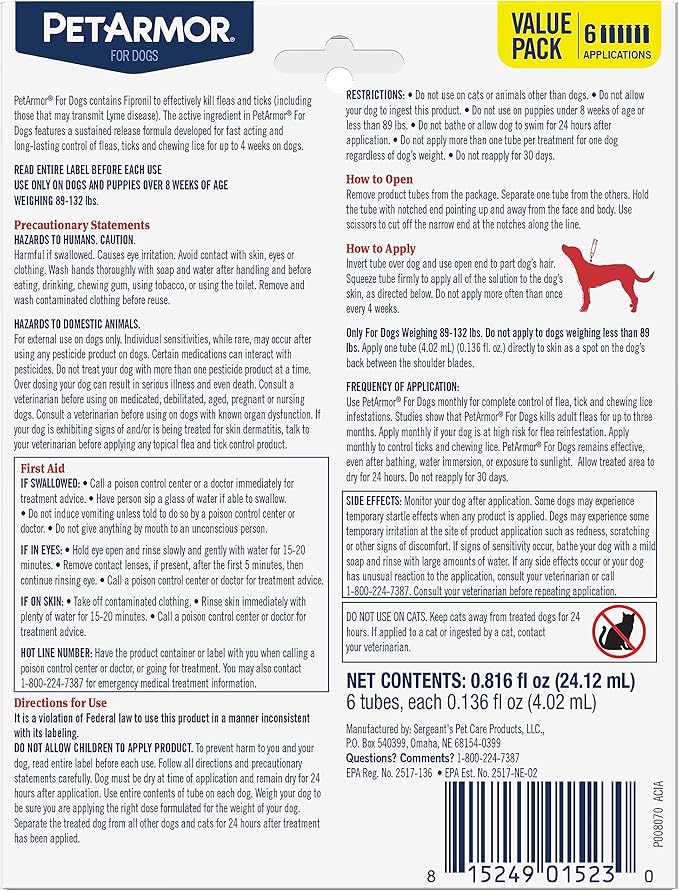 PetArmor for Dogs, Flea and Tick Treatment for Extra Large Dogs (89-132 Pounds), Includes 6 Month Supply of Topical Flea Treatments