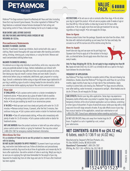 PetArmor for Dogs, Flea and Tick Treatment for Extra Large Dogs (89-132 Pounds), Includes 6 Month Supply of Topical Flea Treatments