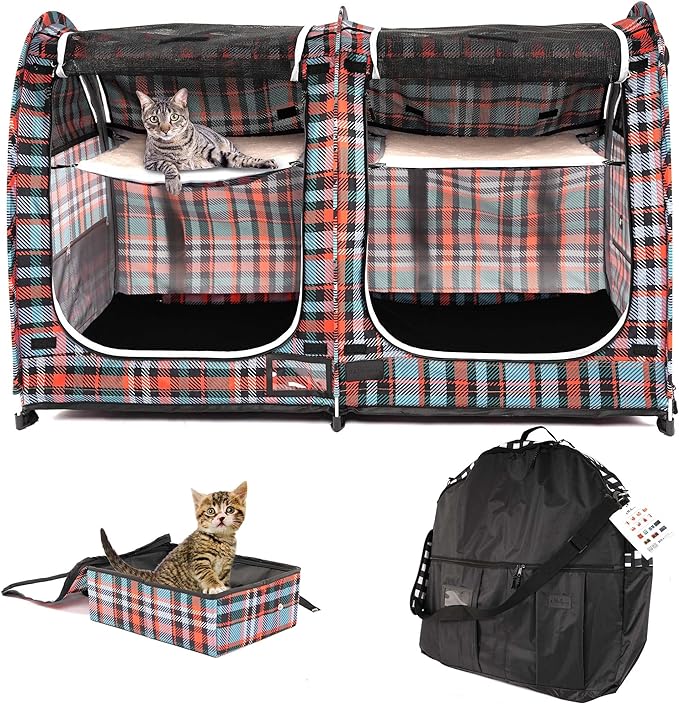 Mispace Portable Twin Compartment Show House Cat Cage/Condo - Easy to Fold & Carry Kennel - Comfy Puppy Home & Dog Travel Crate with Carry Bag/Two Hammocks/Mats and Collapsible Litter Box