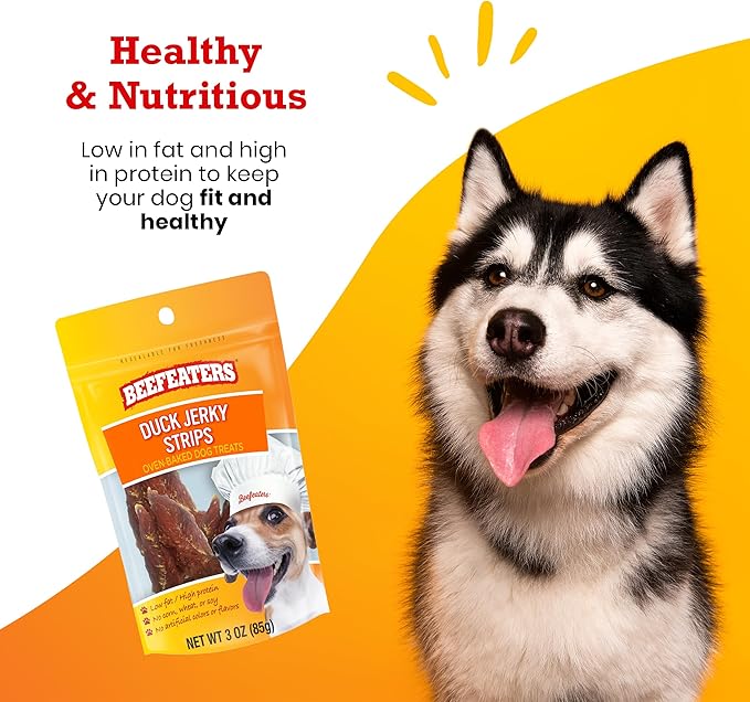 Beefeaters Dog Treats - Duck Jerky Strips 3oz, Case of 6 | Dog Food Real Duck #1 Ingredient | No Corn/Wheat/Soy/Gluten | High Protein & Low Fat | Dog Training Treats for All Dog Sizes