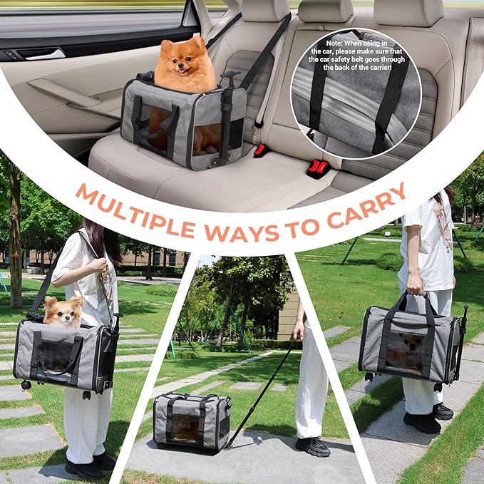 COOLBEBE Cat Dog Carrier with Upgraded Wheel, Collapsible Airline Approved Pet Carriers for Small Dogs and Cats,Soft Animal Travel Carrier Bag for Flight Outdoor Camping (Grey)