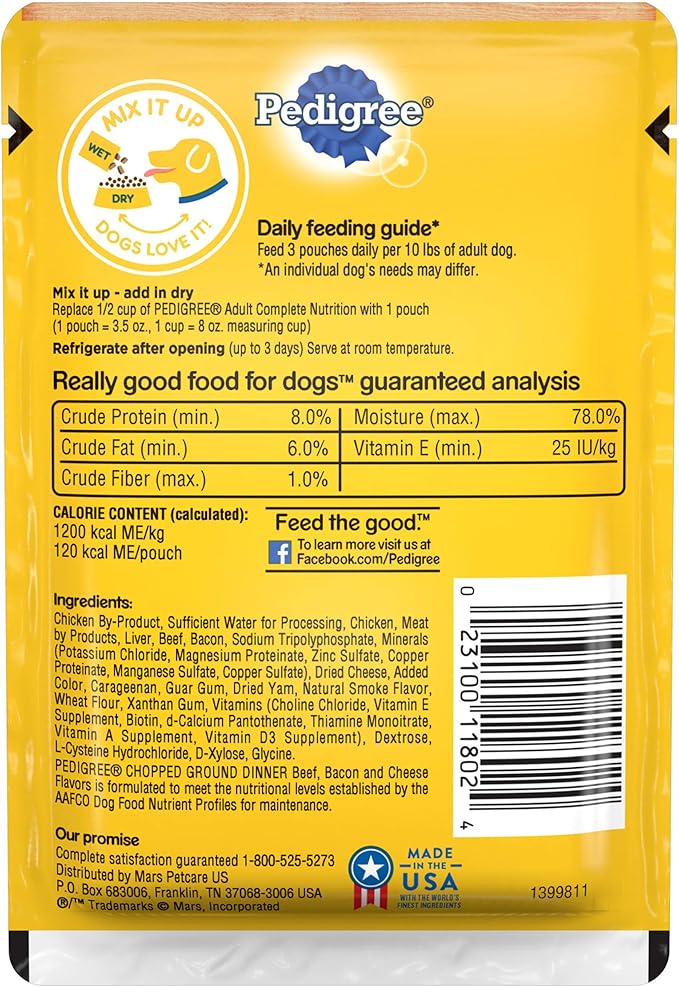 PEDIGREE CHOPPED GROUND DINNER Adult Soft Wet Dog Food, Beef, Bacon & Cheese Flavors, 3.5 oz Pouches, 16 Pack