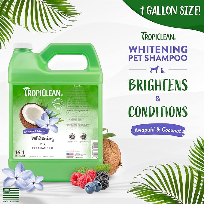 TropiClean Awapuhi Coconut Whitening Dog Shampoo for White Coats & All Coat Types | Natural Pet Shampoo Derived from Natural Ingredients | Cat Friendly | Made in the USA | 1 gal.