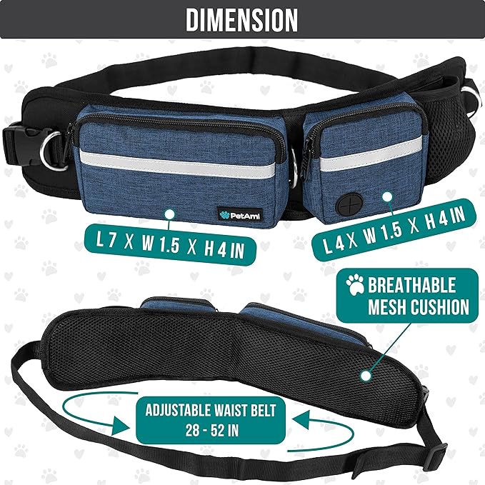 PetAmi Hands Free Dog Leash, Dog Running Leash Belt Bag for Walking, Jogging, Dog Waist Double Zipper Pouch with Poop Bag Dispenser, Dual Padded Handles Reflective Bungee Leash, Single