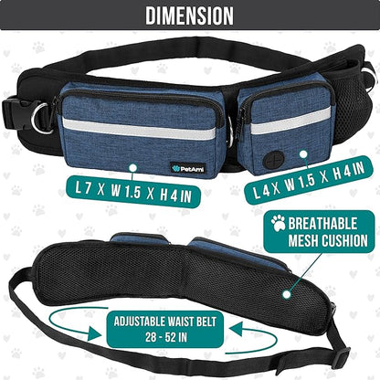 PetAmi Hands Free Dog Leash, Dog Running Leash Belt Bag for Walking, Jogging, Dog Waist Double Zipper Pouch with Poop Bag Dispenser, Dual Padded Handles Reflective Bungee Leash, Single