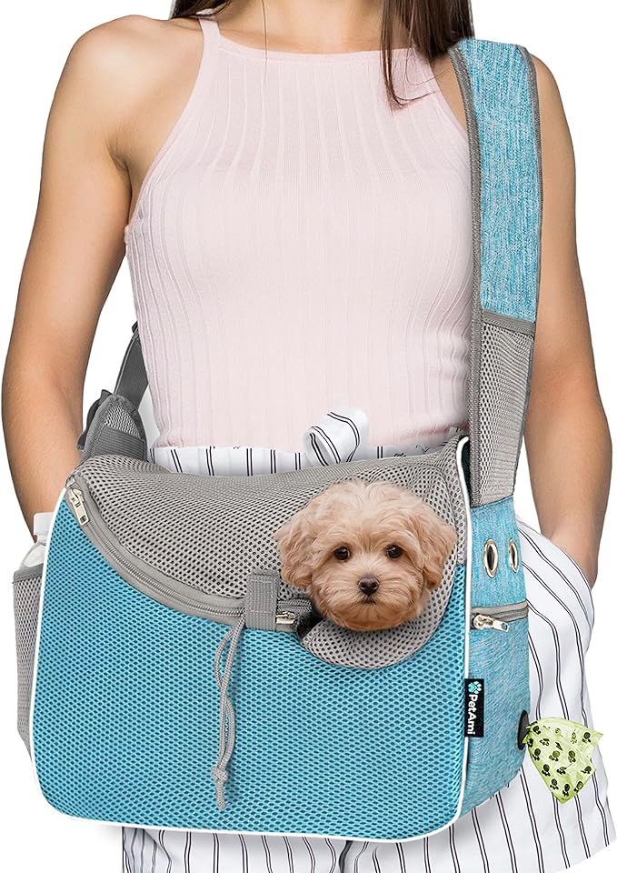 PetAmi Small Dog Sling Carrier, Soft-Sided Crossbody Puppy Carrying Purse Bag, Adjustable Sling Pet Pouch to Wear Medium Dog Cat Travel, Dog Bag for Traveling, Breathable, Poop Bag Dispenser, Blue