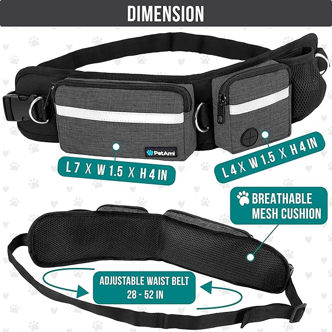 PetAmi Hands Free Dog Leash, Dog Running Leash Belt Bag for Walking, Jogging, Dog Waist Double Zipper Pouch with Poop Bag Dispenser, Dual Padded Handles Reflective Bungee Leash, Double