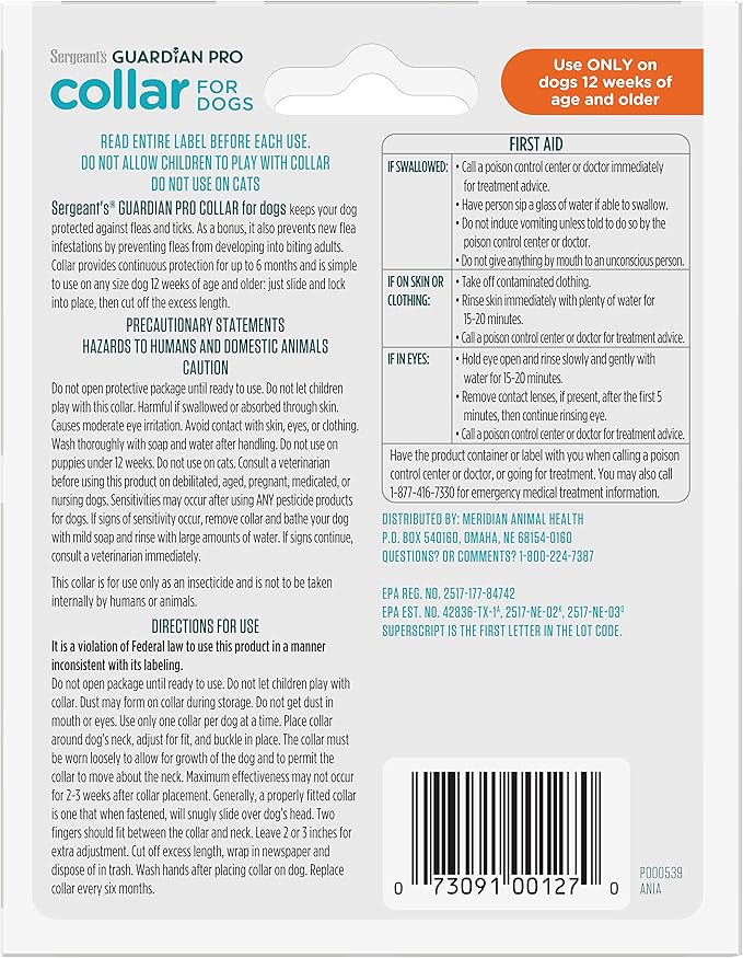 Sergeant's Guardian Pro Flea & Tick Collar for Dogs, Kills Fleas & Ticks, Long Lasting Protection for 6 Months, Fresh Scent, One Size Fits All, 1 Collar