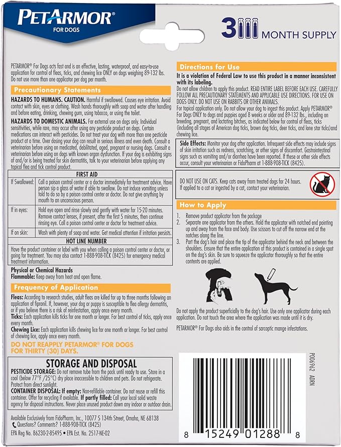 PetArmor for Dogs, Flea and Tick Treatment for Extra Large Dogs (89-132 Pounds), Includes 3 Month Supply of Topical Flea Treatments