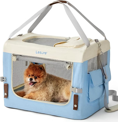 Lesure Collapsible Travel Dog Crate for Small Dogs, Portable Soft Dog Crate for Outdoor & Indoor, Folding Fabric Dog Kennel with Handle, 24 Inch Heavy Duty Pet Carrier (Blue)