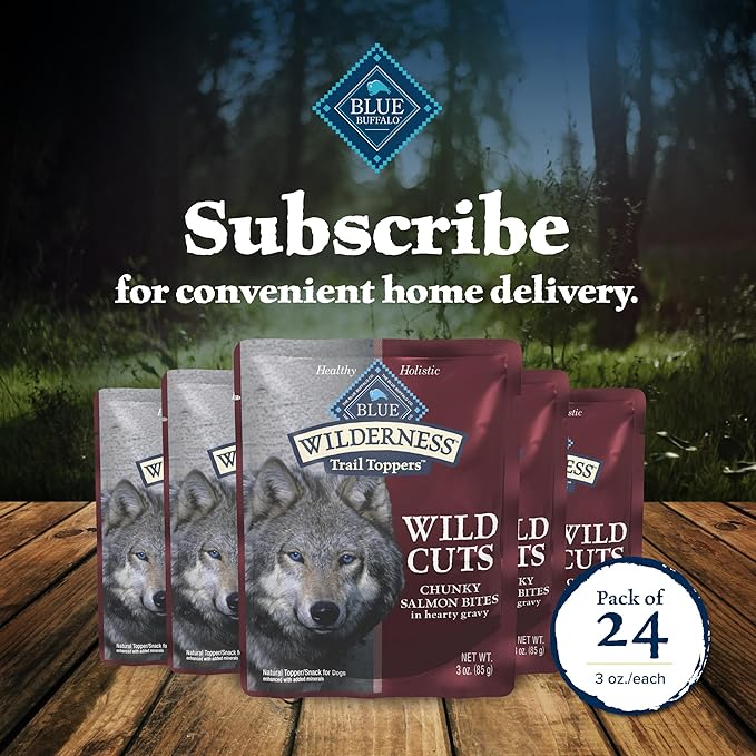 Blue Buffalo Wilderness Trail Toppers Wild Cuts High Protein Natural Wet Dog Food, Chunky Salmon Bites in Hearty Gravy 3-oz pouches (Pack of 24)