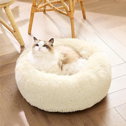 Bedsure Calming Cat Bed for Indoor Cats - Small Washable Round Cat Bed, Anti-Slip Fluffy Plush Faux Fur Pet Bed, Fits up to 15 lbs Pets, Oat Milk, 20 inches