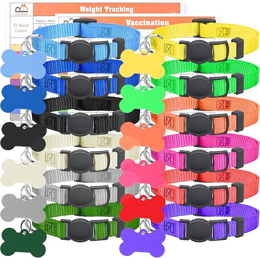 GAMUDA Puppy Collars ID Tags – Super Soft Whelping Puppy ID - Adjustable Breakaway Litter Collars Pups – Assorted Colors Plain & Identification Collars with 2 Record Keeping Charts - Set of 12 (S)