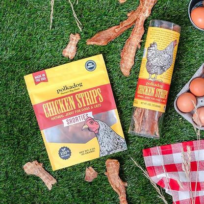 Polkadog Chicken Strip Jerky Dog & Cat Treat - Handmade, Single-Ingredient, Grain Free, USA Farm-Raised Chicken - Dog Jerky Treat - Made in USA, 4oz