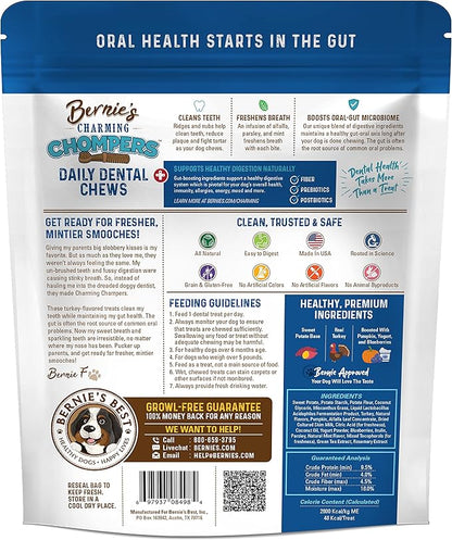 Bernie's Charming Chompers - Daily Dental Chews for Dogs 15-25 Lbs. - 30 Count - Cleans Teeth, Freshens Breath, Boosts Oral-Gut Microbiome. Easy to Digest, Supports Healthy Digestion Naturally