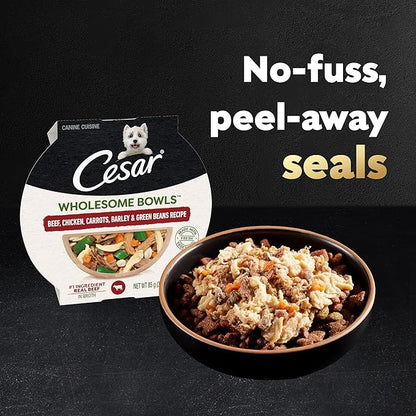 CESAR WHOLESOME BOWLS Adult Soft Wet Dog Food Beef, Chicken, Carrots, Barley & Green Beans Recipe, (10) 3 oz. Bowls