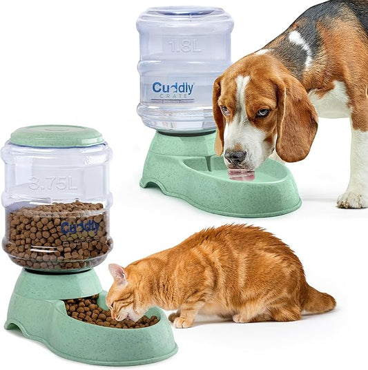 2 Pack Self Feeding Dog Food and Water Dispenser - 3.75L Automatic Pet Feeder for Small & Medium Dogs, Spill Proof Gravity Cat Feeder and Water Dispenser (Green)