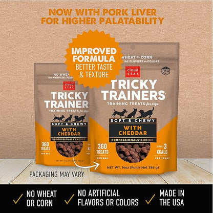 Cloud Star Tricky Trainers Soft & Chewy Dog Training Treats 14 oz Pouch, Cheddar Flavor, Low Calorie Behavior Aid with 360 treats