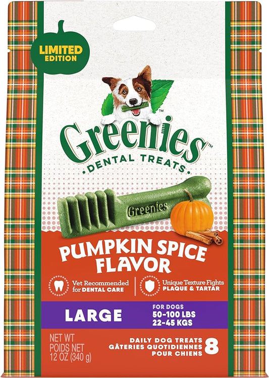 Greenies Pumpkin Spice Flavor Large Size, Veterinarian-Recommended for Dental Care, Dog Treat Chews, Limited Edition, 12 oz., Pack of 8
