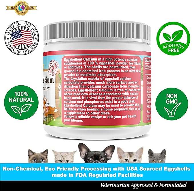 Pet's Friend Eggshellent Calcium 6 oz - Fine Eggshell Powder Calcium Supplement for Dogs and Cats, Low Phosphorous Non-Bovine Ingredients, Nourish Muscles, Joints, and Bones, Tasty Food Additive