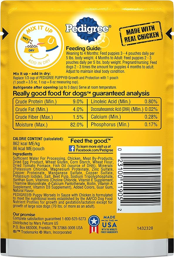 PEDIGREE PUPPY Soft Wet Dog Food Morsels in Sauce With Chicken, 3.5 oz Pouches, 16 Pack