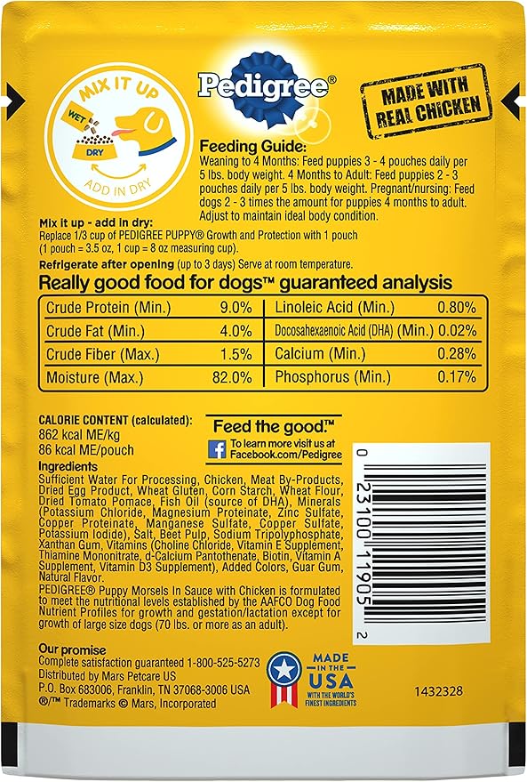 PEDIGREE PUPPY Soft Wet Dog Food Morsels in Sauce With Chicken, 3.5 oz Pouches, 16 Pack