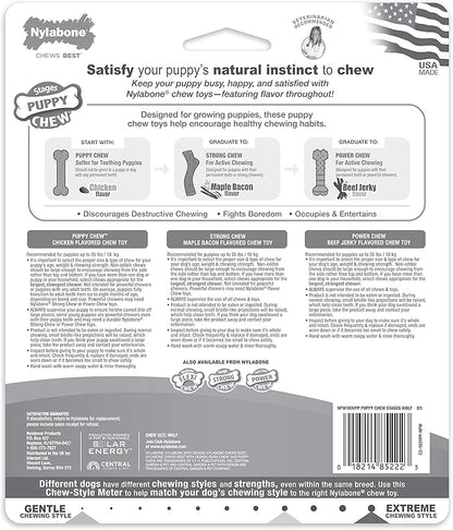 Nylabone Puppy Stages Dog Chew Toy Pack - Puppy Chew Toys for Teething and Chewing - Puppy Supplies - Chicken, Maple Bacon, and Beef Jerky Flavors, Medium/Wolf (3 Count)