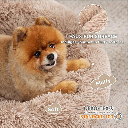 Bedsure Calming Dog Bed for Small Dogs - Donut Washable Small Pet Bed, 23 inches Anti-Slip Round Fluffy Plush Faux Fur Large Cat Bed, Fits up to 25 lbs Pets, Camel