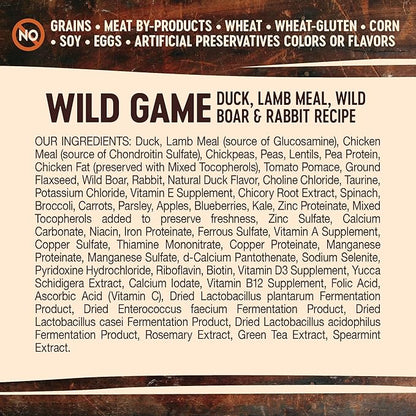 Wellness CORE Grain-Free High-Protein Dry Dog Food, Natural Ingredients, Made in USA with Real Meat, All Breeds, For Adult Dogs (Wild Game Duck, Lamb Meal, Boar & Rabbit, 12-Pound Bag)