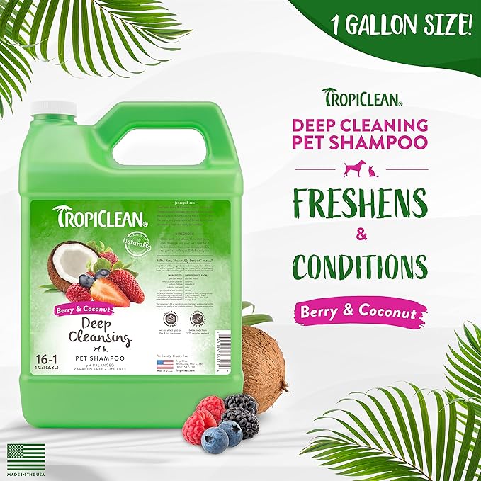 TropiClean Berry & Coconut Deep Cleansing Dog Shampoo | Deodorizing Dog Shampoo | Natural Pet Shampoo Derived from Natural Ingredients | Cat Friendly | Made in the USA | 1 gal.
