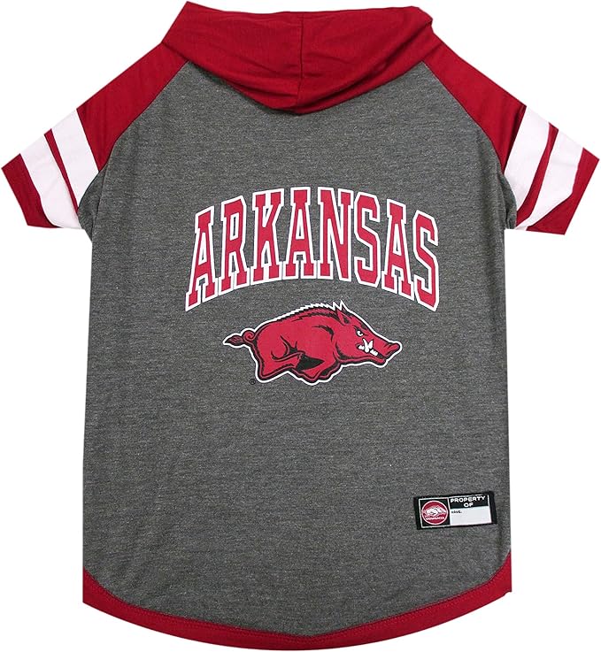 NCAA ARKANSAS RAZORBACKS HOODIE for DOGS & CATS, X-SMALL COLLEGIATE Licensed DOG HOODY Tee Shirt. Sports HOODY T-Shirt for Pets. COLLEGE Sporty Dog Hoodie Shirt.